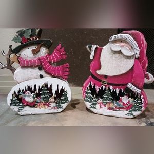 Laser Cut Wood Santa & Snowman 8" Lighted LED Candle Light Up Table Top Decor